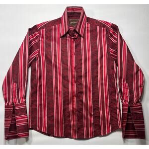 Manzini Men's Long Sleeve French Cuff Red Striped Dress Shirt - Size M